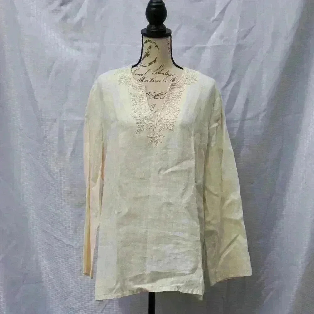 Lands' End Size L long sleeve cream color 100% linen tunic w/beaded front